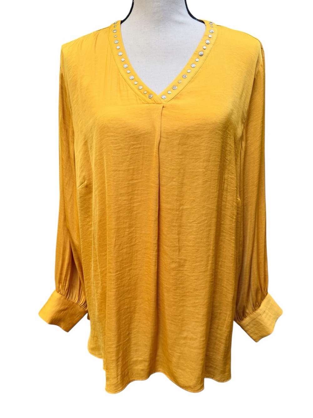 Catherine Malandrino Black Label Mustard Yellow Studded Satin V-Neck Top Size 1X